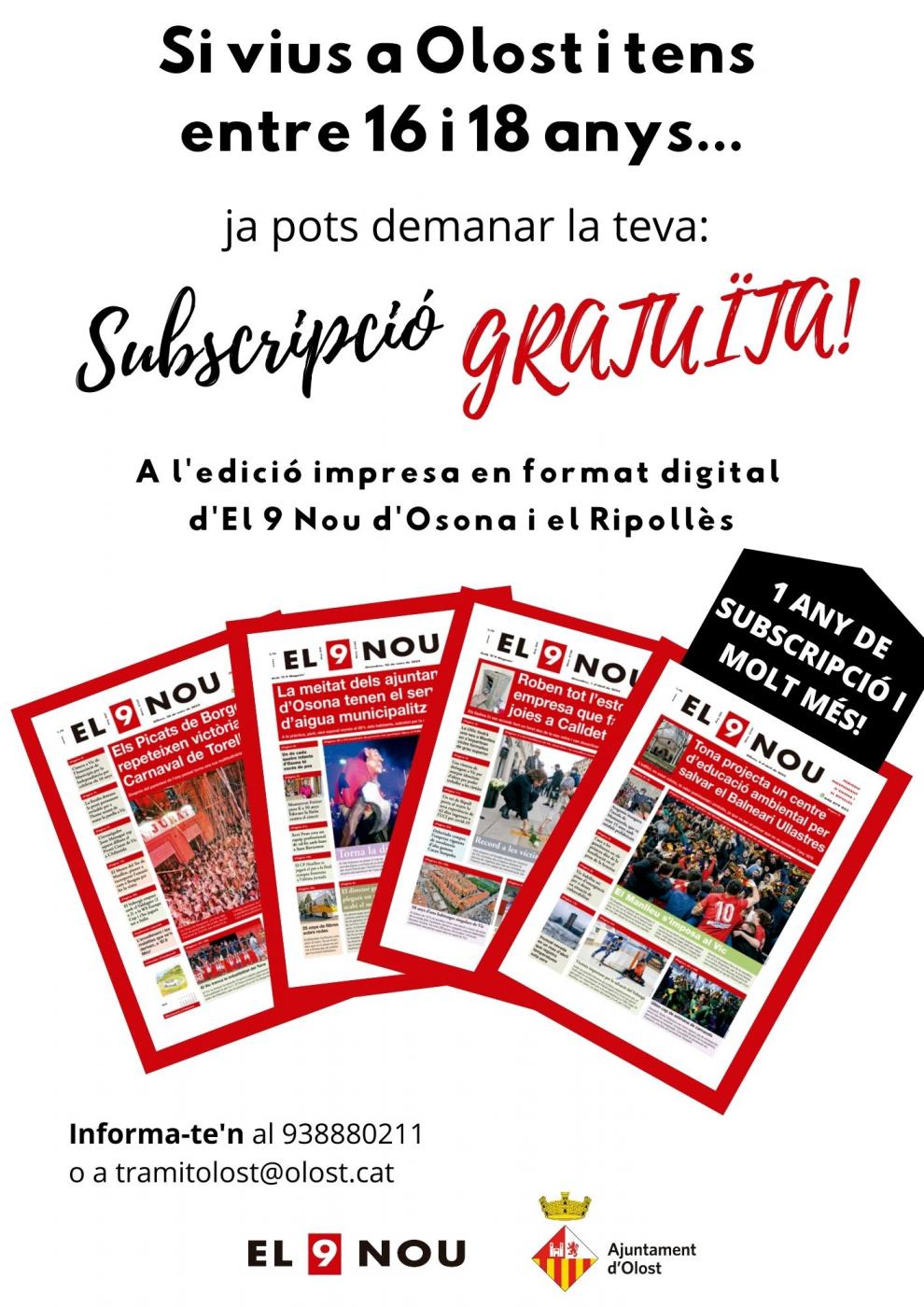 Subscripció anual gratuïta a l'edició impresa digital d'El 9 Nou per a joves de 16 a 18 anys
